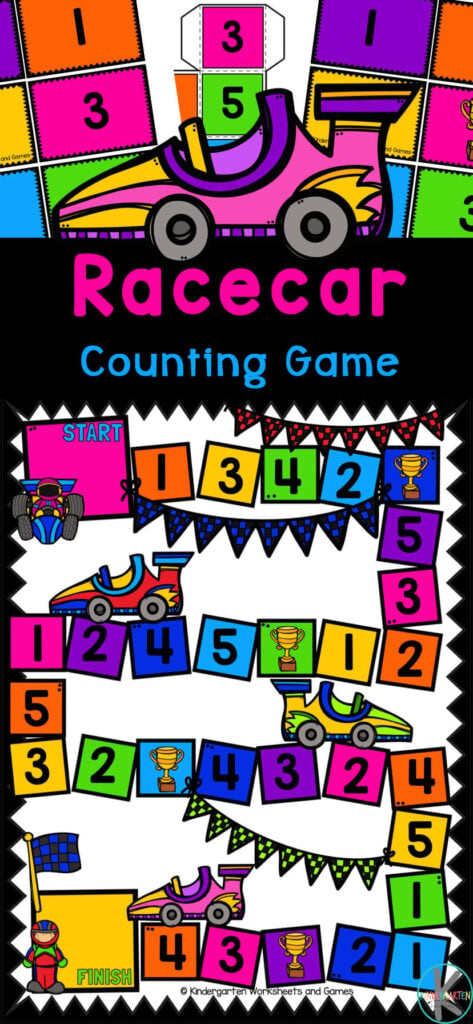 This Race Car Counting Game is a great way to work on counting skills while playing a fun math game. Use this free printable number recognition game with preschool, pre-k, and kindergarten age students.  You can add this numer games for preschoolers to you math lesson, math center, supplement to your homeschool math curriculum, or extra practice at home or in the classroom. Simply print preschool counting games and you are ready to play and learn as you count to 5 with this counting games for preschoolers.