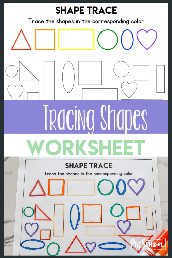 This shape tracing worksheet is the perfect little evergreen tracing shapes preschool activity that you can use over and over through the year. Your toddler, pre-k, and kindergarten students can work on identifying and tracing shapes with a simple no-prep activity that uses a free printable shape tracing worksheet. Simply print tracing shapes worksheets for preschool pdf and you are ready to play and learn with a shapes activity. 