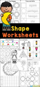Help young children work on their fine motor skills while learning to form shapes with these free printable Shape Worksheets. These shapes worksheets for kindergarten help students learn 14 shapes including: square. trapezoid, circle, pentagon, triangle, heart, octagon, star, crescent, diamond, parallelogram, rectangle, oval, and hexagon. Toddler, preschool, pre-k, kindergarten, and first graders will have fun tracing shapes while learning the names of shapes. Simply print shape tracing worksheets and you are ready to play and learn!