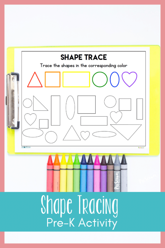 This shape tracing worksheet is the perfect little evergreen tracing shapes preschool activity that you can use over and over through the year. Your toddler, pre-k, and kindergarten students can work on identifying and tracing shapes with a simple no-prep activity that uses a free printable shape tracing worksheet. Simply print tracing shapes worksheets for preschool pdf and you are ready to play and learn with a shapes activity. 