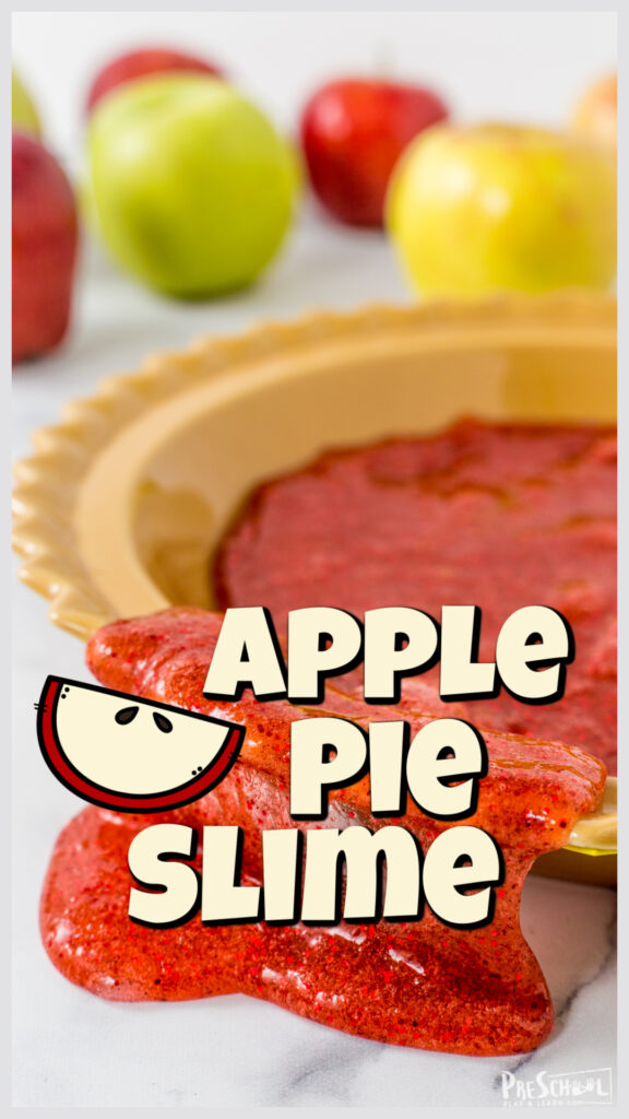 Celebrate September with outrageously run apple activities for preschoolers! This apple pie slime not only smells amazing, but is really fun to play with as kids strenthen their hand muscles. Use this fall sime as an apple activity for kids from toddler, preschool, pre-k, kindergarten, first grade, 2nd grade, and 3rd graders too.