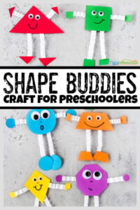 These adorable shape buddies are a fun way to help early learners work on shape recognition while having fun! This shape craft for preschoolers allows toddler, preschool, pre-k, and kindergarten age kids work on shape matching. They will also work on color recognition at the same time as they complete this shape craft activity. So grab some constrution paper, googly eyes, scissors, and you are ready to try this preschool shape activities and crafts!