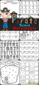 Argh me matey! These free printable pirate worksheets are a fun way for kids to practice math and litearcy skills with a pirate theme. These pirate worksheets for preschool,  pre-k, kindergarten, and first grade help children learn all about the letters of the alphabet, counting, and sizing while practicing their handwriting skills. Simply print the pirate printables and you are ready to play and learn with no-prep pirate activities.