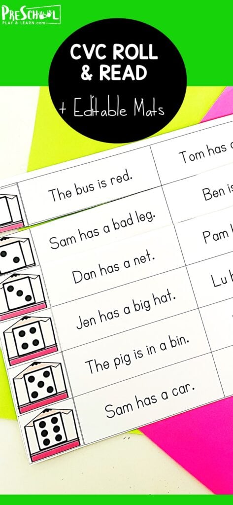 These cvc sentence reading activity is a great activity for preschool, pre-k, and kindergarten age children. Simply print cvc printables to work on cvc sentences to read.  For these cvc sentence activities students will roll a dice to decide which sentence to read.