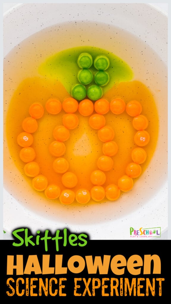 I just LOVE simple science activities that help my kids explore the world around them and wonder WHY things happen. This halloween skittles project allows kids to explore how colors diffuse with a really pretty and fun pumpkin science experiment. This halloween activities is perfect for toddler, preschool, pre-k, kindergarten, and first graders too.