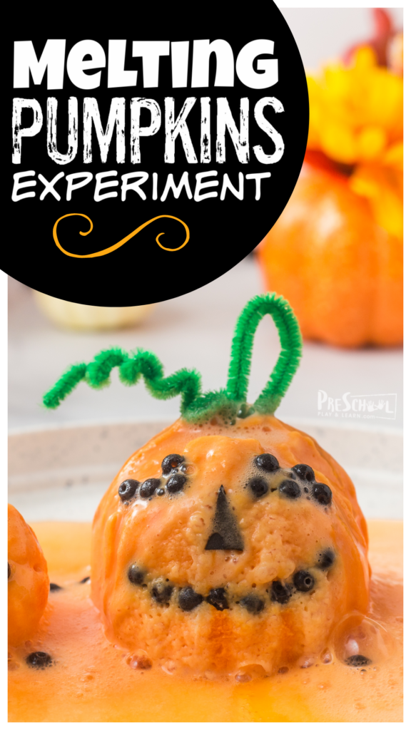 Kids will have fun exploring scientific principals with this melting pumpkins project perfect for October. This simle pumpkin science experiment allows toddler, preschool, pre-k, kindergarten, and first graders to explore a chemical reaction and cause and effect. Not only will children learn about simple chemistry through this baking soda and vinegar experiment, but they will aslo have loads of fun with halloween activities.