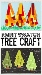 I love using a variety of different materials to make really fun, pretty, and unique craft projects with kids. So as the seasons begin to change, I decided to make a fun tree craft for preschoolers. For these tree crafts for kids we used paint swatches to get different shades and colors to make a fun effect with our tree arts and crafts. You can turn this into a pretty winter craft for preschool, toddler, pre-k, kindergarten, first grade, and 2nd graders or a colorful fall craft if you prefer.