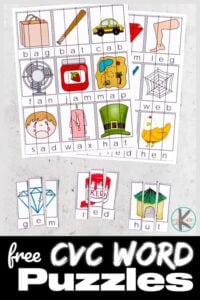 Make learning to read fun with these super cute, cvc word puzzles free printable. These cvc puzzles include over 45 CVC word puzzles with pictures to help early readers practice building this simple words one sound at a time. This cvc activity is such a fun way to start sounding out words and reading with preschool, pre-k, kindergarten, and first grade students. Simply print cvc words printable to use this cvc words activity to make working on phonics skills FUN!
