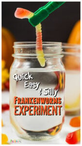 You've probably heard of the dancing raisins science project, well seeing as those it's October and Halloween is just around the corner I decided to make a more relevant theme. This frankenworms experiment demonstrates the same chemical reaction with baking soda and vinegar, but with fun halloween activities. This halloween science experiment is perfect for all ages from toddler, preschool, pre-k, kindergarten, first grade, 2nd grade, 3rd grade, and up.