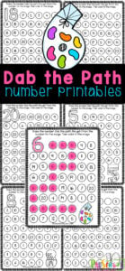 Print these dot marker printables to make practicing numbers 1-20 with pre-k and kindergarten aged kids! These Dab the Path Number Printables are such a fun numbers to 20 activity. These number recognition worksheets allow kids to have fun working on their reading, letter recognition and fine motor skills while learning, searching and dabbing the lowercase letters of the alphabet. Simply print the preschool activity sheets and you are ready for no-prep numbers 1-20 worksheets.