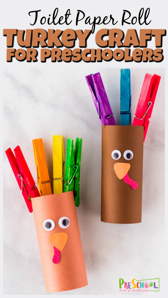 Cute, simple turkey craft for preschool using clothespins and toilet paper rolls. Such a fun thanksgiving craft for fall and November.