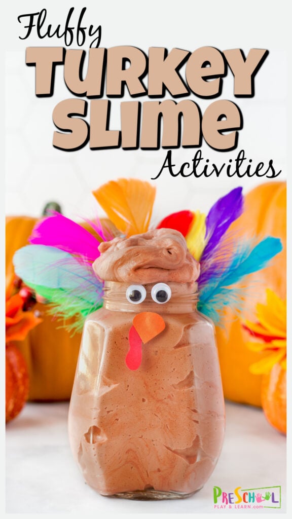 We are always on the look-out for fun, hands-on thanksgiving activities for November! This turkey slime is such a great recipe with so many fun, engaging turkey activities for preschool, pre-k, toddler, kindergarten, and first graders too!  So grab a couple simple materials and you are ready to play and learn this fall.