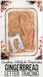 If you are looking for a fun, engaging idea for your christmas lesson plans for preschoolers, you will love this Gingerbread alphabet tracing activity! This hands-on gingerbread activities for preschool is a sensory Christmas activity for preschool, pre-k, toddler, and kindergartten age students is a fun holiday activity for December.