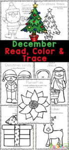 Grab these free printable December Coloring Pages for a fun, no-prep December Activities for kids. Use these December printables to read, color, and learn about holiday symbols with these Christmas coloring pages. Simply print the christmas printables and you are ready for a fun Chrsitmas activity with young children in preschool, pre-k, kindergarten and even grade 1 students.