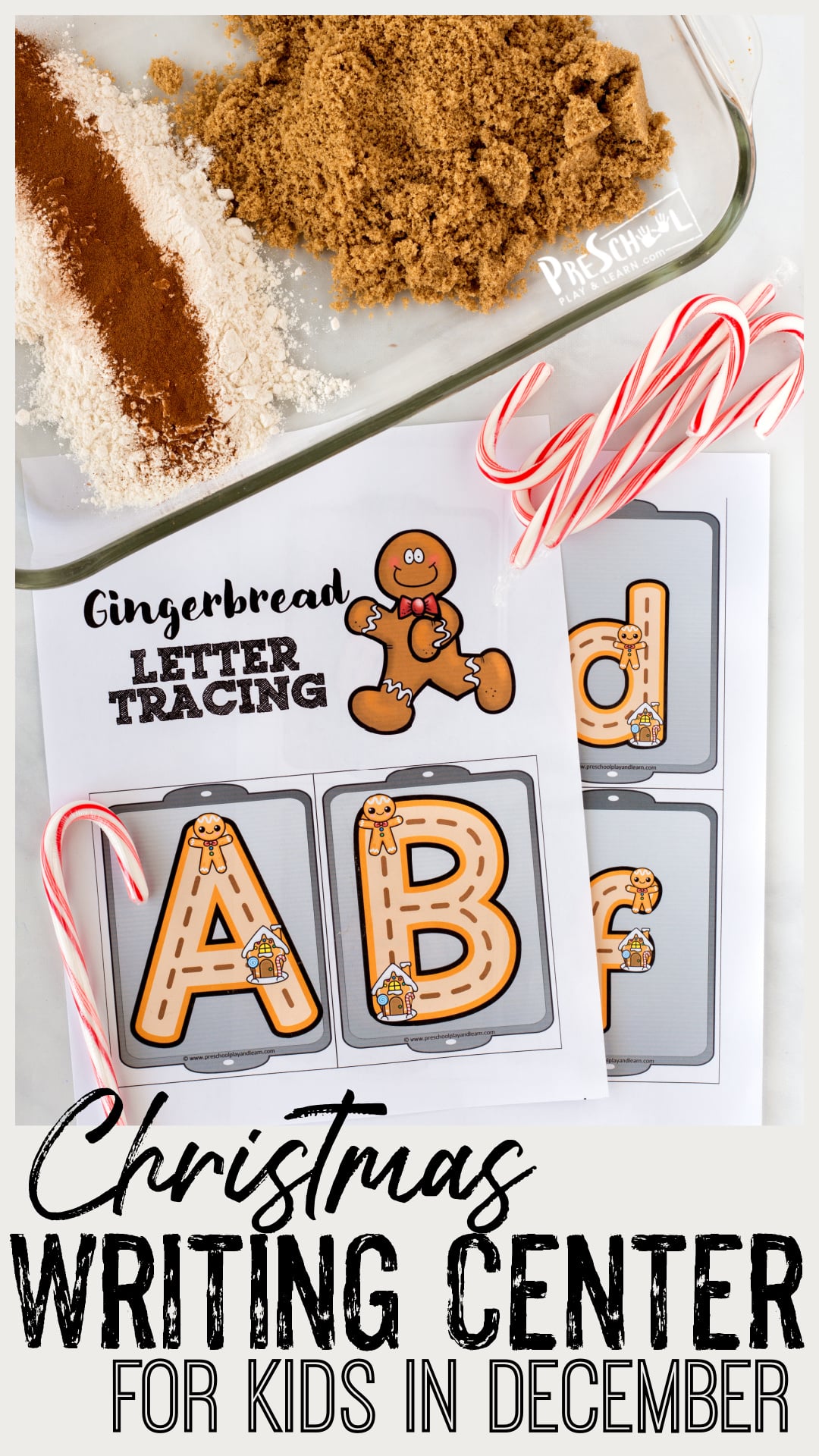 Hands-on holiday alphabet idea for yourย Christmas lesson plans for preschoolers! Kids will love thisย Gingerbread letter tracing activity!