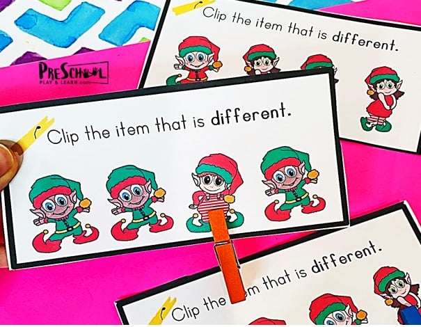 Looking for a fun Christmas Math activity for preschool, pre-k, kindergarten, and up? Simply print Christmas printables for a fun, hands-on Christmas math activity for kindergartners to work on spotting differences. Whether you are a parent, teacher, or homeschooler - you will love this christmas activities working on visual differences. This is a perfect math center for December.