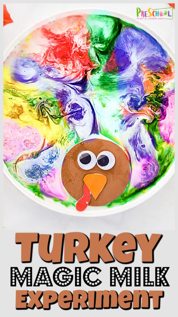 Looking for a fun turkey activity for fall? This turkey science experiment combines november activities with a playful thanksgiving science.You will love the simplicity and beautiful of this clever twist on the magic milk experiment for toddler, preschool, pre-k, kindergarten, first grade, 2nd grade, and 3rd graders too.