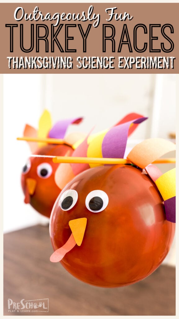 This fun Turkey Game is both an outrageously fun Thanksgiving activities and a chance to sneak in  Fall STEM Activities! This easy-to-set-up Turkey Races is outrageously fun November Activities for toddler, preschool, pre-k, kindergarten, first grade, 2nd grade, 3rd grade, 4th grade, 5th grade, and 6th grade students that teaches a little physics while having FUN! These Turkey science experiments are perfect for the whole family!