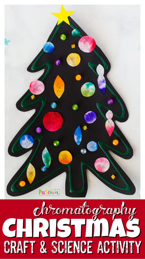 If you are looking for a fun holiday activity that combines Christmas science and a beautiful preschool christmas craft, you will love this fun project! In this Christmas science activities children will learn about chromatography using a coffee filter to create stunning ornaents to hand on a christmas tree craft for preschoolers.