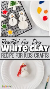 If you are looking for a fun christmas ornament crafts for kids, you will lot this easy air dry clay recipe! Our white craft clay does not need to be baked, but produces beautiful creations! This how to make clay ornaments using baking soda clay is perfect for toddler, preschool, pre-k, kindergarten, first grade, 2nd grade, 3rd grade, 4th grade, and up! Come see how do you make clay for holiday decorating in December!