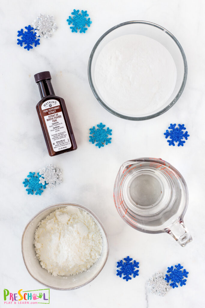 2 cups of baking soda 1 cup of corn starch 1 1/2 cup of cold water 3-5 drops of peppermint extract (optional)