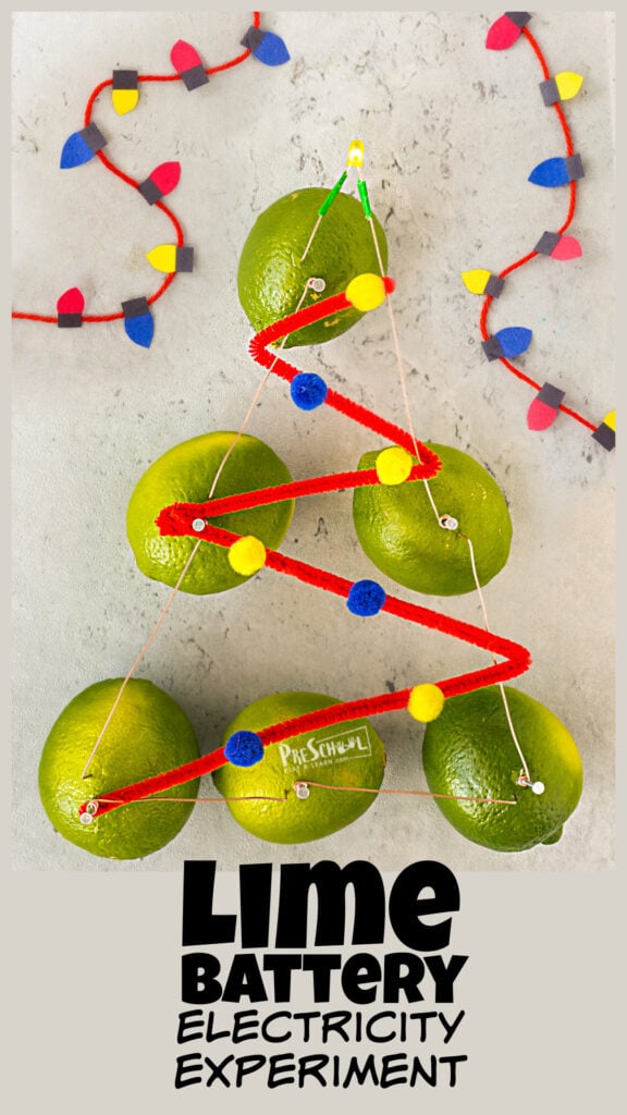 Looking for a really cool christmas science activity for kids? We made the simple lime battery project into a relaly cool science Christmas tree. This battery lime experiment is perfect for introducing preschool, pre-k, kindergarten, first grade, and 2nd graders to electricity for kids. All you need ar a few simple materials and you can try these fun Chrsitmas Science experiments.