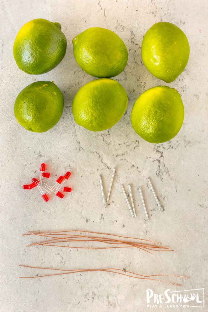 Battery Lime All you need to try this simpler fruit battery are a few simple materials including: 6 limes 6 nails or large paper clips heavy copper wire (with or without plastic coating) wire cutters or heavy scissors 1 LED light bulb (like from string of Christmas lights) electrical tape