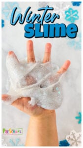Beautiful, EASY, and fun-to-make snow slime recipe is such a fun January activities for preschoolers for a winter theme.
