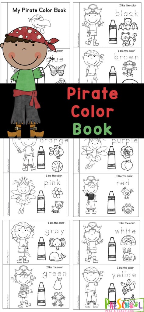 This free pirate printables can be combiled into a mini book to teach colours name for kids. Each page focuses on a different color to helping learning colors for kids in preschool, pre-k, kindergarten, and first grade learn all about eleven different colors while practicing their handwriting skills and working on their fine motor skills. Simply print the Learning colors printables and you are ready to play and learn with this no-prep activity.