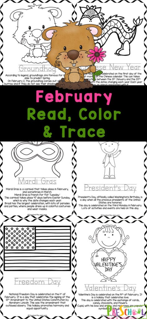 These super cute February coloring pages are a great way for young children to learn about various February themes including Valentine's Day, Dental health month, President's day, groundhog day,  black history month, chinese new year, and more! These Febraury coloring sheets include a picture to colour and information for preschool, pre-k, kindergarten and first graders to read color and learn. Simply print February printables and you are ready to add these to your February themes and centers.