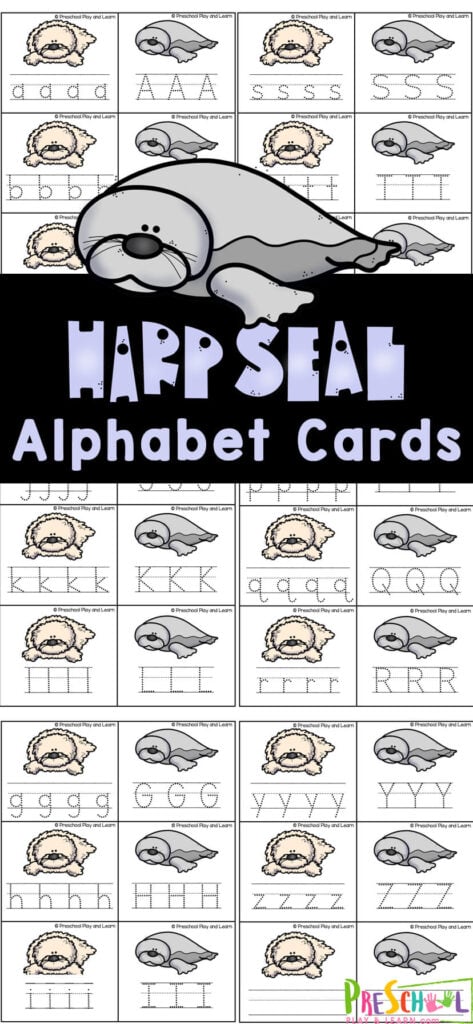 This super cute harp seal printable activity is a great way for children to work on forming letters. These alphabet cards include both uppercase and lowercase letters to trace. You can also use these abc flash cards as a game mathcing upper case and lower case letters. Use this alphabet activity with preschool, pre-k, kindergarten and even first graders to improving their handwriting while learning the letters of the alphabet. Simply print letter flashcards and you are ready to play and learn in your next ocean theme.