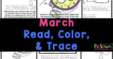 Cute, Free printable March coloring pages for learning common themes like St Patricks Day, Easter, and more with preschoolers.