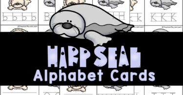 Cute harp seal printable alphabet activity with ABC flash cards for for children to work on tracing upper and lowercase letters and matching.