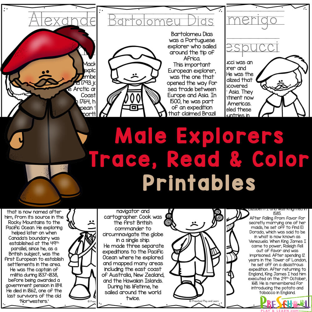 Grab free printable European explore coloring pages to help students learn about 13 famous early explorers for kids.