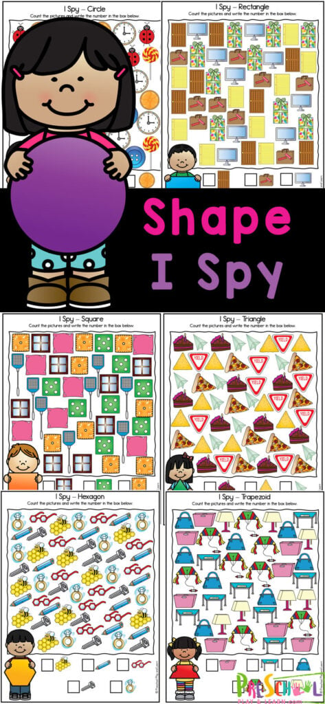This fun, free printable shape activity for preschoolers is a great way to work on visual discrimination, identifying shapes, counting, and more! Simply print the shape i spy to work on learning shapes such as the circle, hexagon, octagon , oval, rectangle, diamond, square, trapezoid, and triangle. This activities for teaching shapes is perfect for preschool, pre-k, kindergarten and even first graders too using shape worksheets!