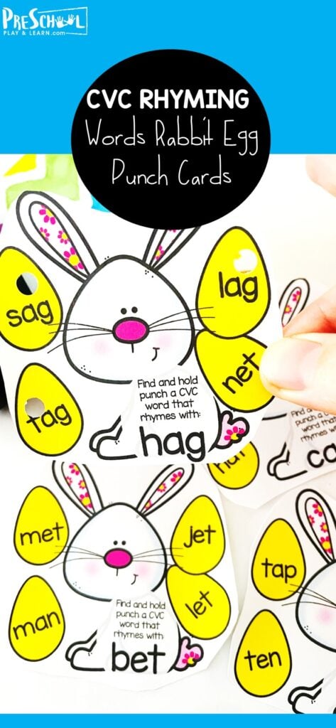 Help kids practice finding rhyming words with the cvc words activity perfect for spring! In this Easter activity for kindergarten children will work on reading simple cvc words while listening for the sounds they make. Simply print Easter printables with this easter activities for preschoolers to make learning fun this April.