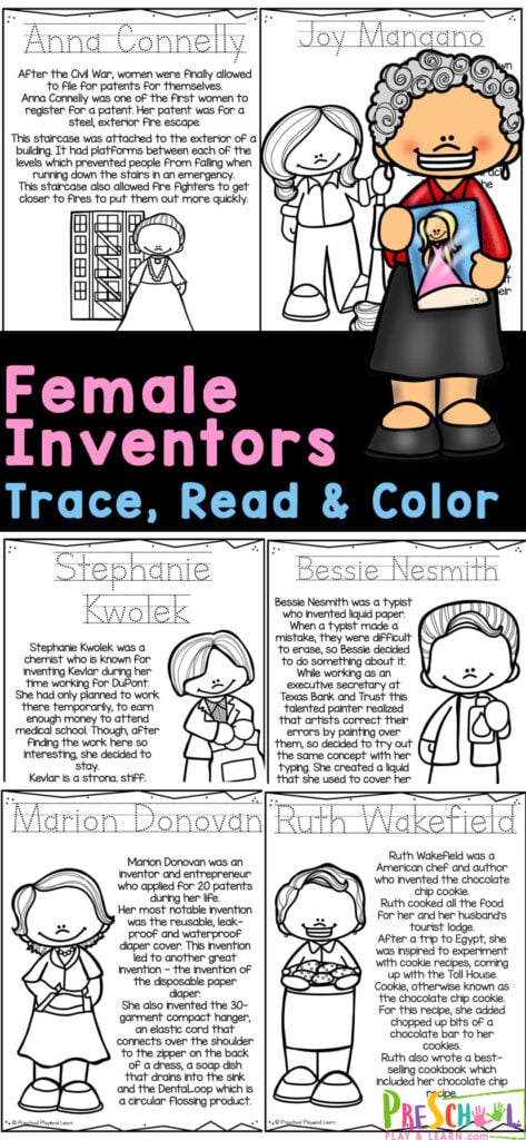 Even young children will enjoy learning about Famous Female Scientists and their Inventions during women month in March! These female inventors will inspire toddler, preschool, pre-k, and kindergarten age children to dream big dream. Use the free printable inventor coloring pages to help kids learn some history for kids about girl inventors while strengthening fine motor skills and literacy skills. Simply print scientists coloring pages and you are ready to read, color, and learn!
