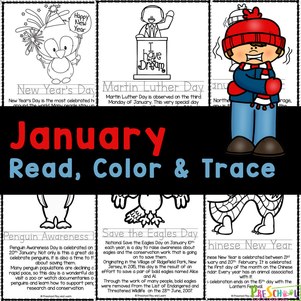 Children will love these no-prep, free printable January coloring pages to learn different winter events. Simply print sheets! 