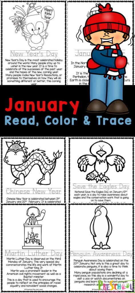 Young children from toddler to preschool, pre-k and kindergarten to first graders will love these no-prep January coloring pages. Simply print these January coloring sheets for kids to learn about different events that take place during the winter month of January. 