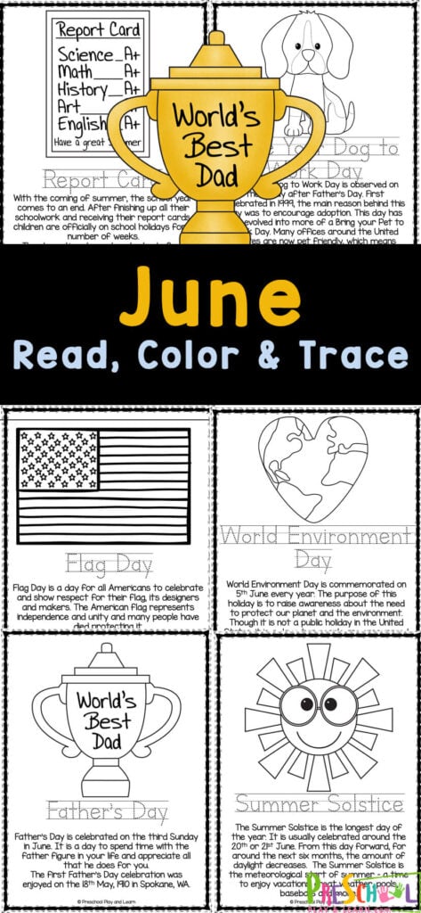 Get ready for summer with these handy, free printable June Coloring Pages.  Use these June coloring sheets with young children in preschool, pre-k, kindergarten and even first graders to learn about different events that take place around the world during the month of June. Simply print June colouring to Read, Color and Trace June Worksheets for indoor summer fun.
