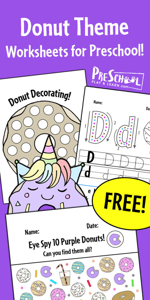 Take a look at these awesome Donut Theme Worksheets for Preschool! Build fine motor skills and boost creativity with these engaging, free printable, donut puzzles. Use Dot Dot markers to decorate your own personal donut, put together a donut puzzle with numbers 1-5, and practice identifying the letter D with a festive donut tracing sheet. Did you know that National Donut Day is on June 3rd? Be sure to have fun with these donut activities to celebrate the day! Simply print pdf file all 10 donut worksheets for free!