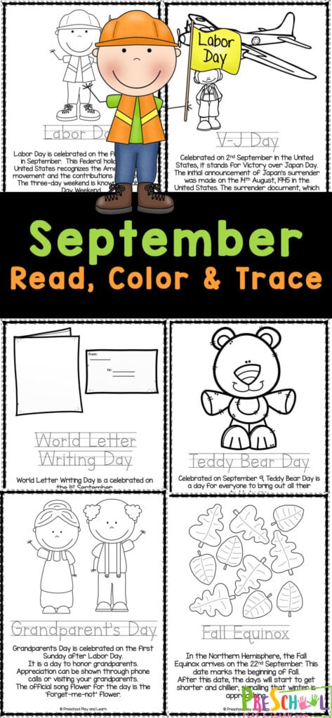Teach kids about all the fun and intersting holidays and special days with these September Coloring Pages. These September coloring sheets are perfect for toddler, preschool, pre-k, kindergarten and even first graders. September coloring allows children to learn about different events that take place around the world as they read, color, trace, and learn.