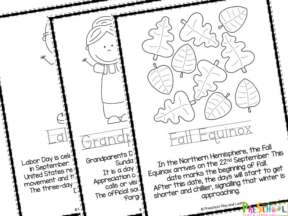 There are six pages in this pack. Each page includes an image that can be decorated, a few sentences about the image and then a word that is to be traced. The themes for each page are: Labor Day Grandparent's Day V-J Day World Letter Writing Day Teddy Bear Day Fall Equinox