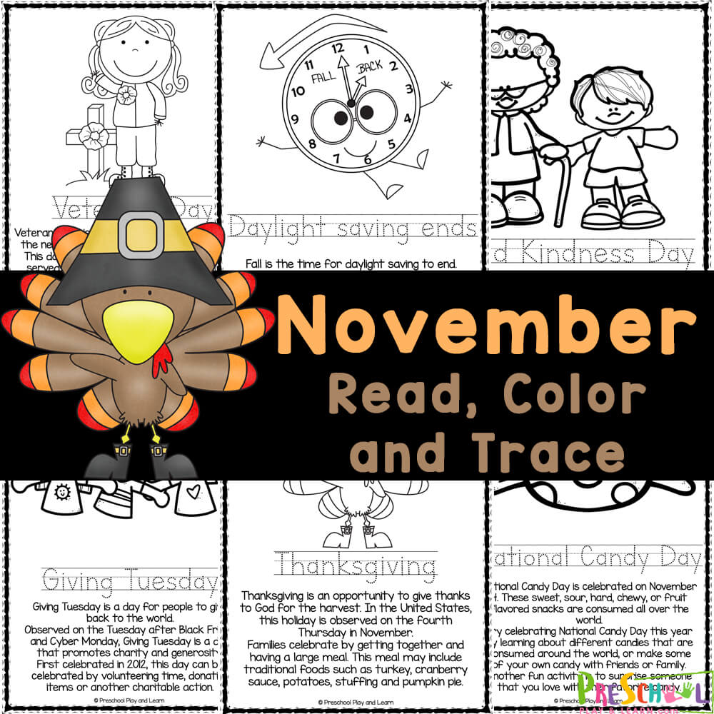 Super cute, FREE Printable November coloring pages are a fun way to learn about holidays and events in November while having FUN!