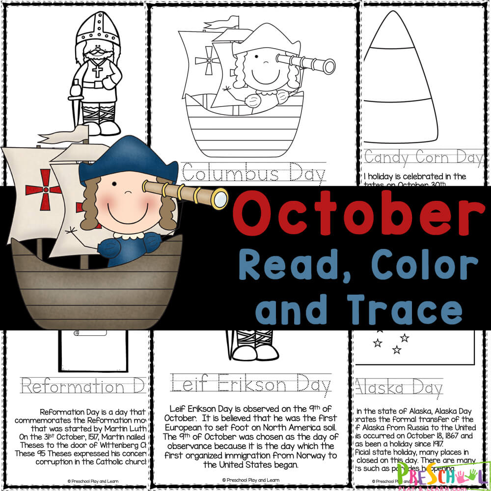 Grab free printable October coloring pages to help kids learn about fall holidays and events! Preschool worksheets to read, color and learn.