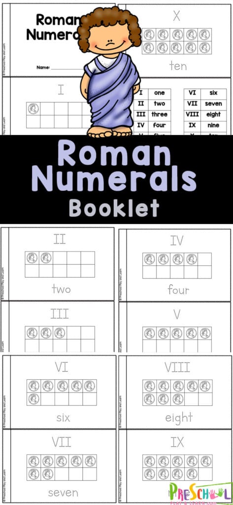 Learning about Roman Numerals is fun with this Roman Numerals Activity. This free printable book will help children grasp the idea of Roman Numerals while allowing them to have fun and practicing their counting from one through ten. This free printable number book is perfect for preschool, pre-k, kindergarten, first grade, and second graders.
