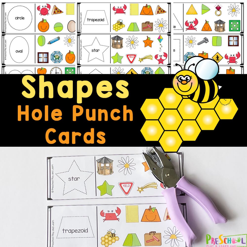 This shape activity is perfect for helping preschoolers learning shapes. Print free printable and grab a hole punch to have fun with math!