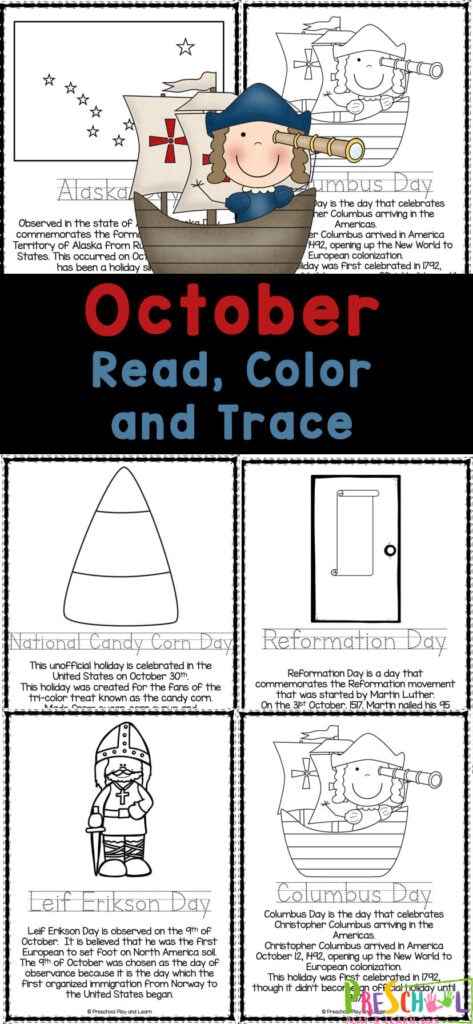 If you are looking for some october preschool worksheets that allow yYoung children to learn about holidays and special days in fall, you will love these October coloring pages. Use these free printable October coloring sheets with  preschool, pre-k, kindergarten and first grade students to read, color and learn.
