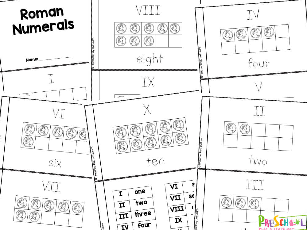 Roman numerals are letters that were used in Ancient Rome inside of numbers. These letters need to be placed in a certain order to represent numbers. With this book, children will be learning to count from one through ten using Roman numerals. There are 10 different pages in total, with each page containing a different number. With this printable booklet that comes completely in black and white, children will be practicing counting to ten using Roman numerals and a ten frame. Whether you are a parent, teacher, or homeschooler - this ROman Numeral Activity is a great way to teach preschoolers, kindergartners, grade 1, and grade 2 students about the first 10 Roman Numbers while having fun with a simple, free printable counting activity.