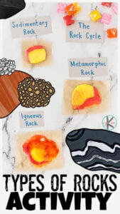 One of my kids favorite ways to learn a new concept is with food! So when we were learning about the types of rocks for kids, I knew they would get more excited and remember it better if we did an edible rocks project! I came up with this starburst candy project to teach children about the 3 types of rocks! Use this rock activity to learn about the rock cycle for kids from preschool, pre-k, kindergarten, first grade, 2nd grade, and 3rd graders too!